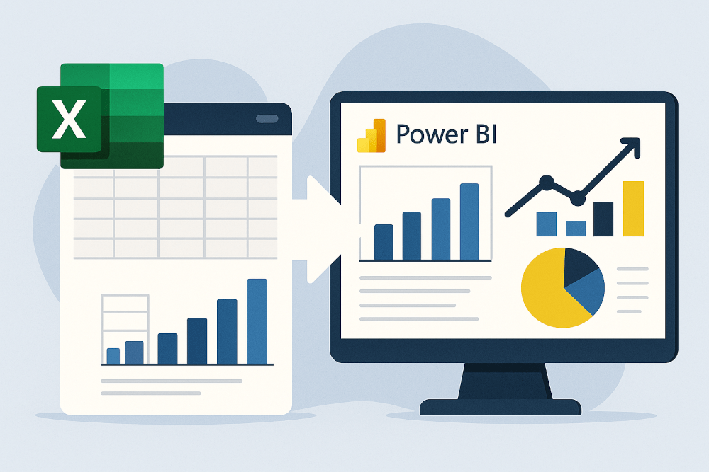 Illustration som visar övergången från Excel till Power BI, med ett Excel-kalkylblad på vänster sida, en pil som pekar åt höger och en modern Power BI-dashboard med diagram och visualiseringar på höger sida.