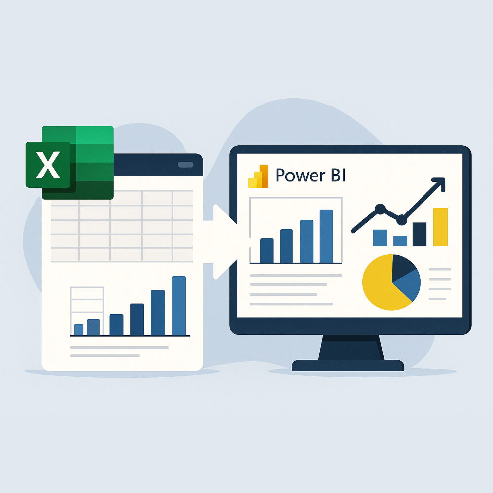 Illustration som visar övergången från Excel till Power BI, med ett Excel-kalkylblad på vänster sida, en pil som pekar åt höger och en modern Power BI-dashboard med diagram och visualiseringar på höger sida.